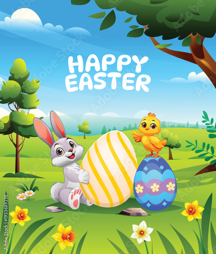 Cute rabbit and chick with colorful painted eggs in a spring meadow landscape. Happy Easter holiday concept. Vector cartoon illustration