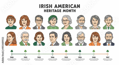 Vector illustration of diverse Irish American historical figures for Irish American Heritage Month, featuring a timeline and various characters on a white background with green and orange