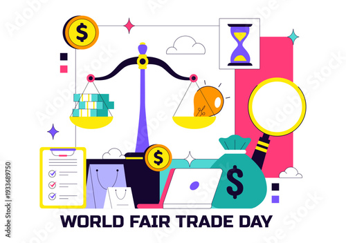 World Fair Trade Day Vector Illustration on May 11 with Gold Coins, Scales, and Hammer for Climate Justice and Planetary Economy in Flat Background