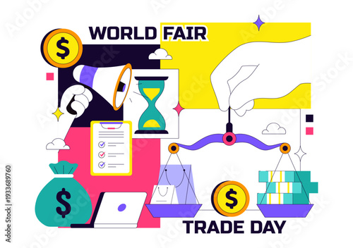 World Fair Trade Day Vector Illustration on May 11 with Gold Coins, Scales, and Hammer for Climate Justice and Planetary Economy in Flat Background