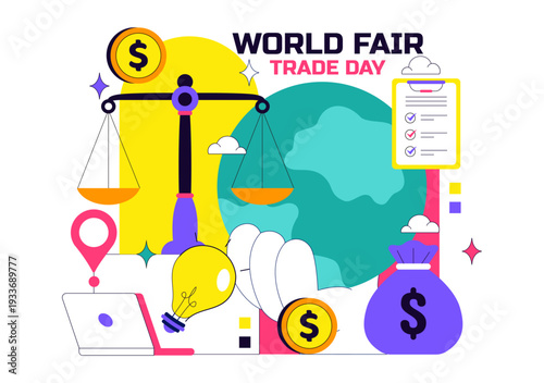 World Fair Trade Day Vector Illustration on May 11 with Gold Coins, Scales, and Hammer for Climate Justice and Planetary Economy in Flat Background