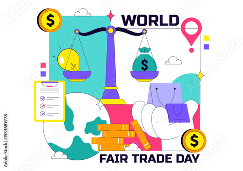 World Fair Trade Day Vector Illustration on May 11 with Gold Coins, Scales, and Hammer for Climate Justice and Planetary Economy in Flat Background
