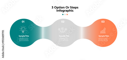 Three circular infographic elements placed in horizontal row. Concept of 3 option steps to startup project launch.  Modern flat vector illustration for business presentation. vector editable 