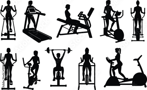 Black silhouettes of people using various exercise machines and lifting weights
