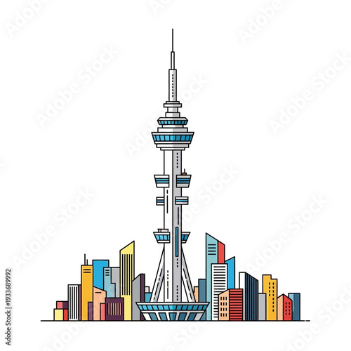 Modern Cityscape with Tall Observation Tower and Colorful Buildings, Flat Design