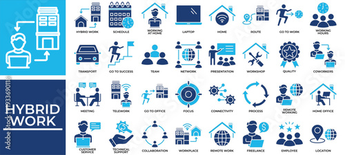 Hybrid Work icon set collection. Containing connectivity, operation, audience, collaboration, employment, planning, agreement .Solid vector icons collection