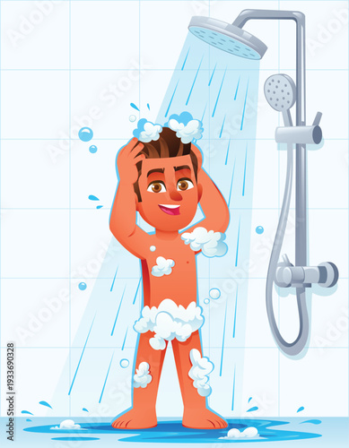 Young boy washing his hair with soapy bubbles in the shower. Vector cartoon character illustration