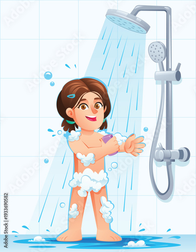 Cheerful girl scrubbing her arm with a pink soap bar under the running shower head. Vector cartoon character illustration