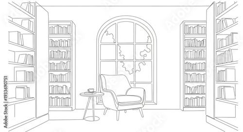 Sketch of Library with Bookshelves.