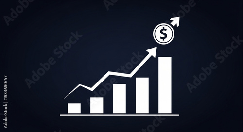 Financial growth chart with rising arrow and dollar coin symbol.