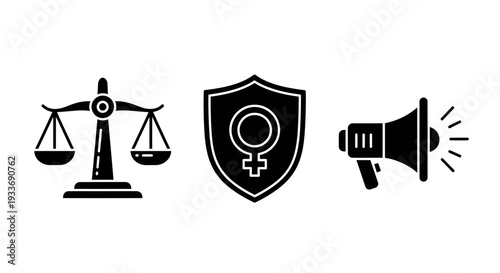 Female Empowerment Symbols Scales Shield Megaphone Silhouette