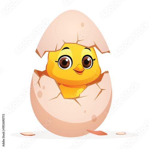 Adorable little chick peeking out from a cracked eggshell on white background. Vector cartoon illustration