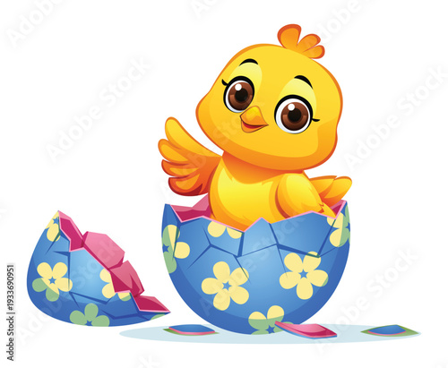 Little chick waving from a broken blue floral easter egg on white background. Vector cartoon illustration