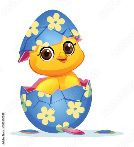 Little chick in a broken and cracked blue floral easter egg. Vector cartoon illustration