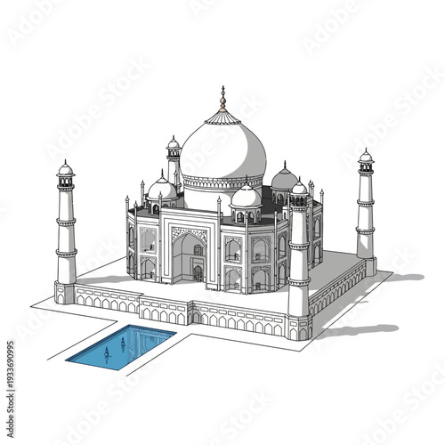 Taj Mahal Isometric Sketch - Iconic Mughal Architecture, India
