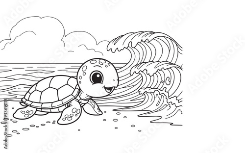 Cute Baby Sea Turtle Coloring Page on Beach with Ocean Waves

