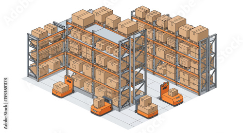 Industrial Logistics Warehouse Interior with Metal Storage Racks Cardboard Boxes and Orange Automated Guided Vehicles for Commercial Operations