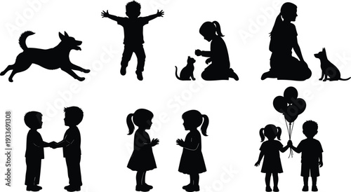 Black silhouettes of people doing activities, playing music, painting on easels, children jumping, business professionals walking, and standing, isolated on white