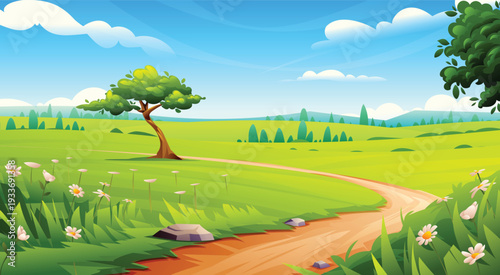 Rural countryside with winding road through a sunny green field with flowers and a solitary tree. Vector cartoon landscape illustration