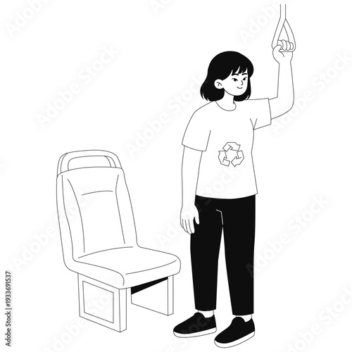 Sustainable Earth Illustration. Vector illustration of Woman rides public transport holding a strap, encouraging low carbon commuting and sustainable city travel choices. Isolated on background