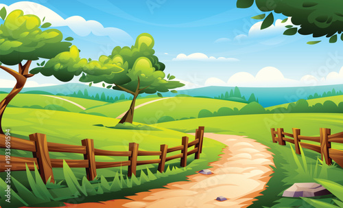 Rural countryside path with a wooden fence leading through green hills and trees. Vector cartoon landscape illustration