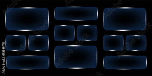 Set of frames and design UI UX elements in the style of liquid glass. Rectangular frosted glass elements. Modern and sleek design suitable for websites and user interfaces.