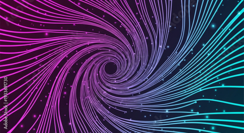 Abstract swirling vortex of glowing neon lines in deep space.
