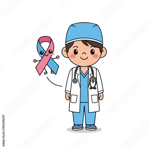 Cartoon doctor with breast cancer awareness ribbon