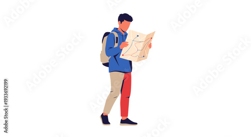 Young man with backpack holding a map while standing.
