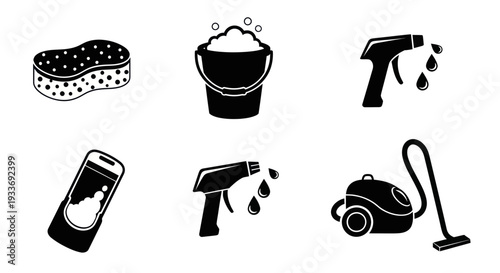 Cleaning Supplies Icons Set: Sponge, Bucket, Sprayers, Vacuum, Detergent