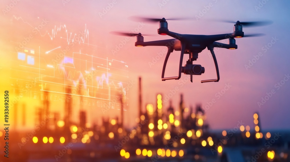Fototapeta premium Drone with camera flying and inspecting oil refinery plant at sunset with financial market chart showing increasing oil price, investment and financial crisis concept