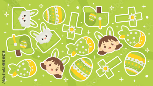 Bright lime green background with girls wearing bunny ears decorated eggs and crosses