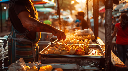 Golden hour glow illuminates a bustling street food stall where a vendor expertly grills delicious snacks, creating an inviting culinary scene