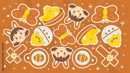 Animated butterflies and baby chicks hatching on warm orange backdrop