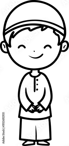 Smiling boy wearing traditional Muslim cap and kurta Black and white vector illustration
