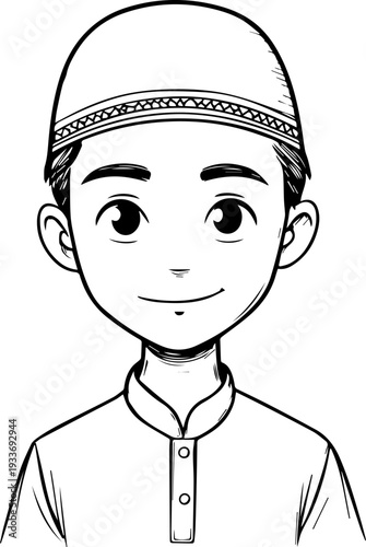 Smiling boy wearing traditional Muslim cap and kurta Black and white vector illustration

