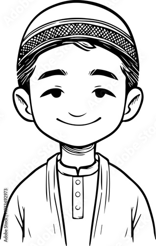 Smiling boy wearing traditional Muslim cap and kurta Black and white vector illustration
