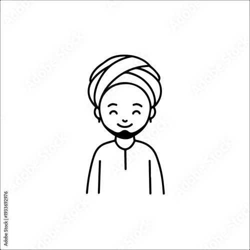Smiling boy wearing traditional Muslim cap and kurta Black and white vector illustration
