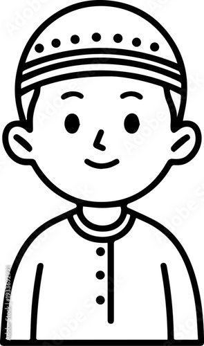 Smiling boy wearing traditional Muslim cap and kurta Black and white vector illustration
