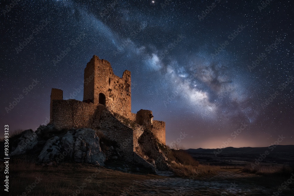 Obraz premium Ancient Castle Ruins Under Milky Way Sky