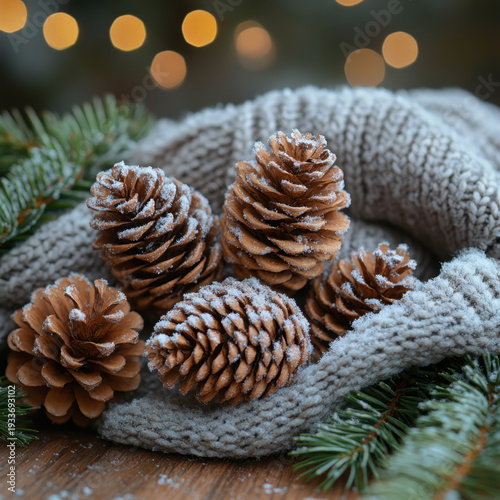 Knitted wreath adorned with pine cones.