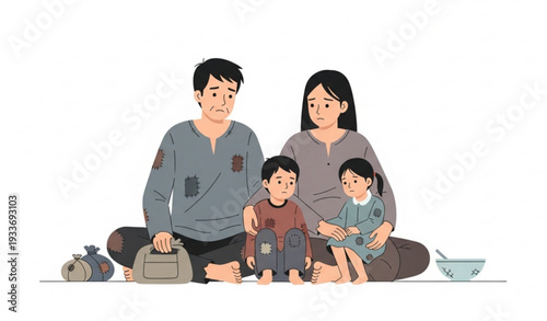 Poor family vector illustration showing parents and children living simple humble life