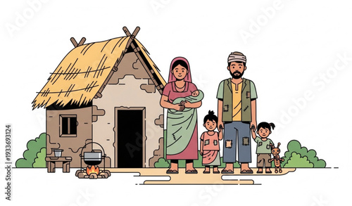 Rural poor family vector illustration with small house and humble lifestyle design