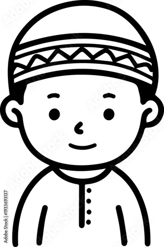 Smiling boy wearing traditional Muslim cap and kurta Black and white vector illustration
