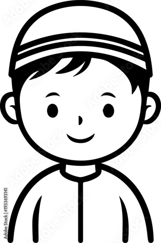 Smiling boy wearing traditional Muslim cap and kurta Black and white vector illustration
