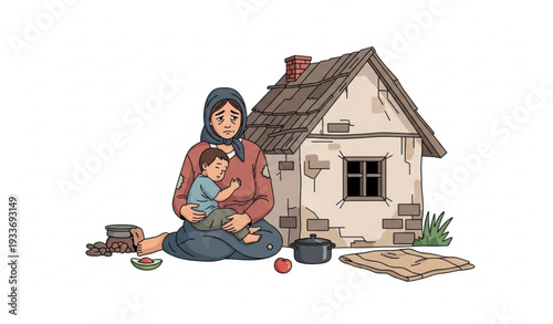 Poor mother and child vector illustration representing care, struggle, and humanity