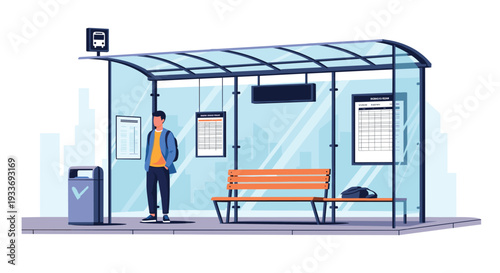 Young man standing at a modern urban bus stop waiting for transportation with city skyline and transit schedule in the background.