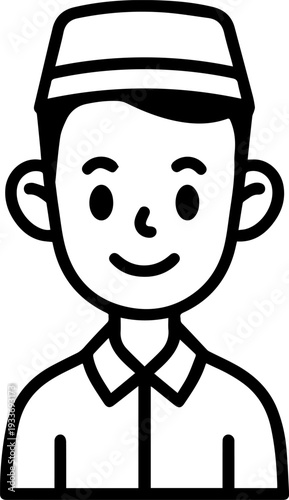 Smiling boy wearing traditional Muslim cap and kurta Black and white vector illustration
