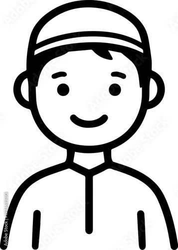 Smiling boy wearing traditional Muslim cap and kurta Black and white vector illustration
