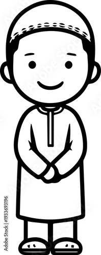 Smiling boy wearing traditional Muslim cap and kurta Black and white vector illustration
